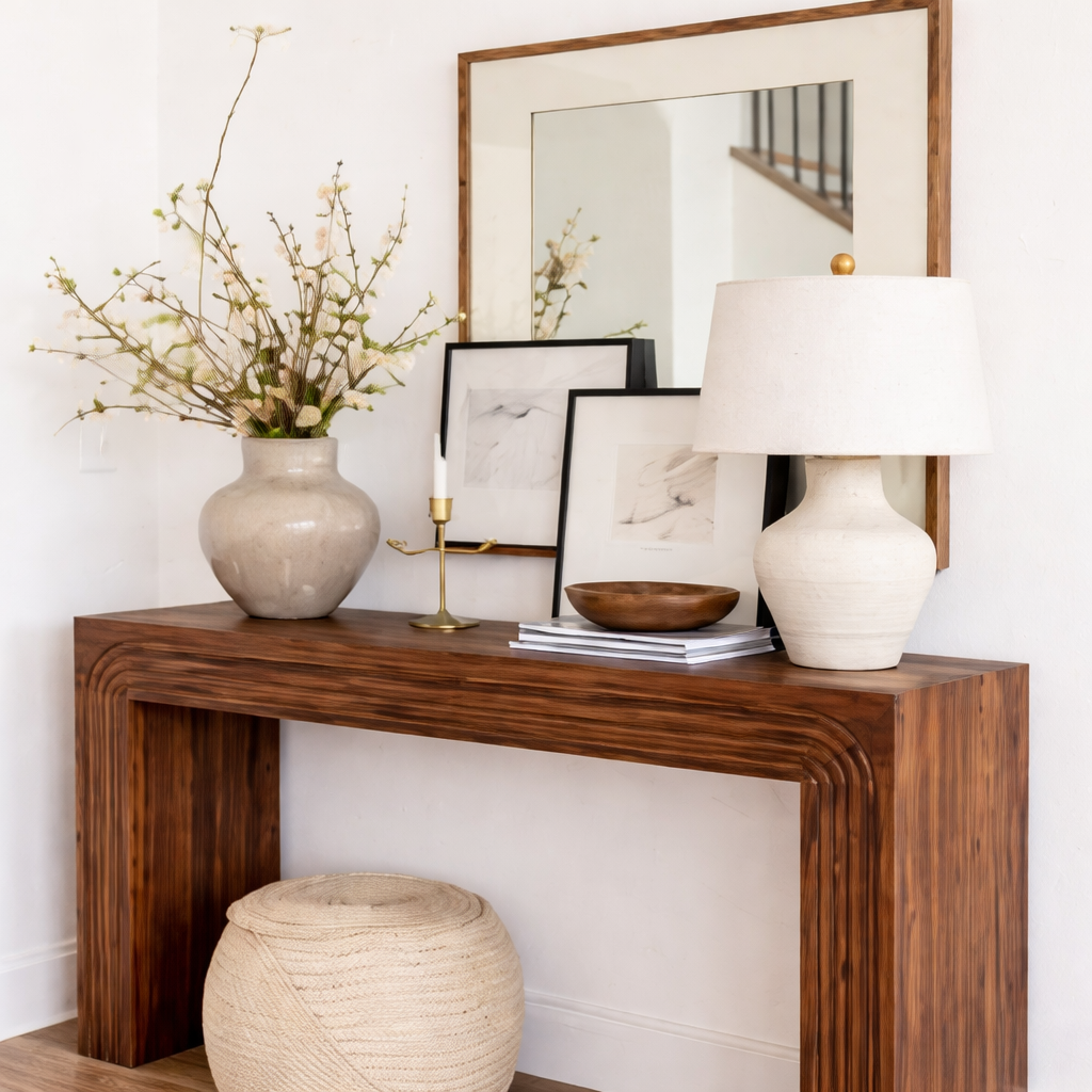 Modern Natural Wood Console Table With Clean Lines And Open Shelf For Living Room