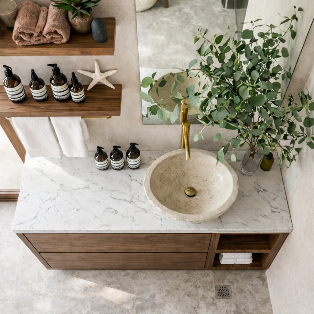 ShanaWood Bathroom Vanity with Marble Top and Open Side Shelf - view 6