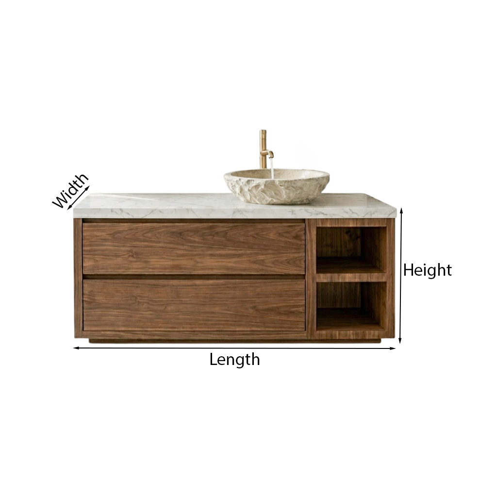ShanaWood Bathroom Vanity with Marble Top and Open Side Shelf - dimensions