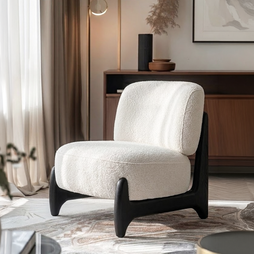 ShanaWood Boucle Accent Chair with Sculptural Wood Frame - view 1