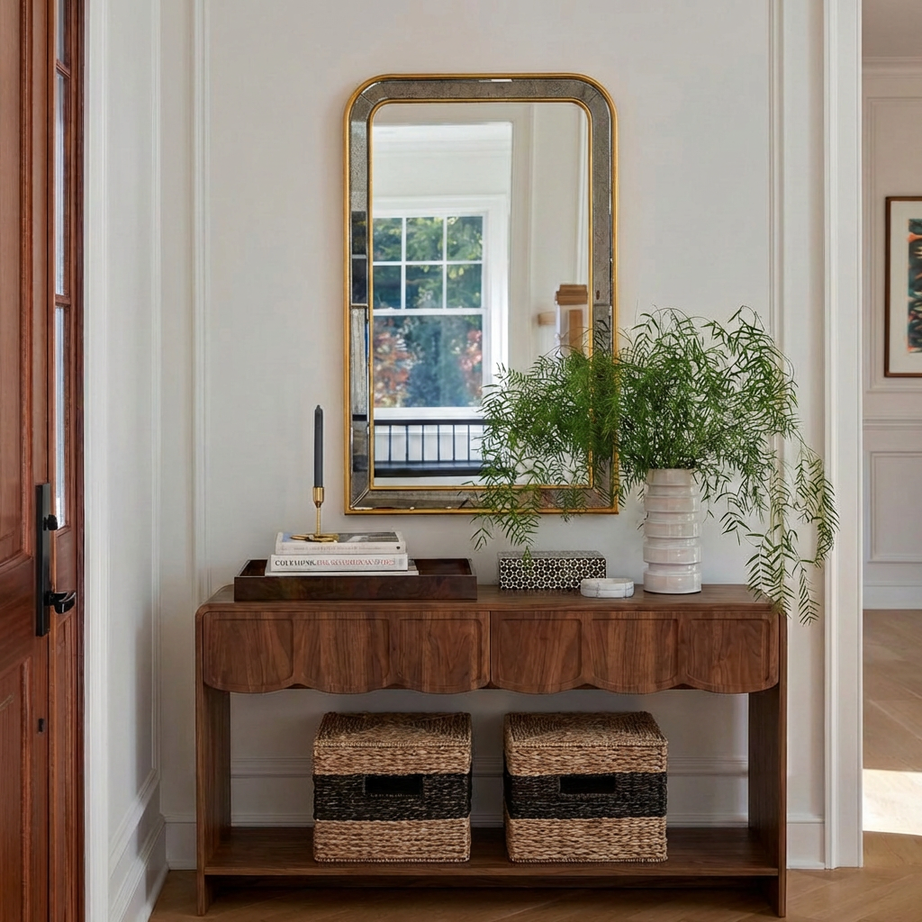 ShanaWood Console Table with Scalloped Drawer Fronts and Bottom Shelf - view 1