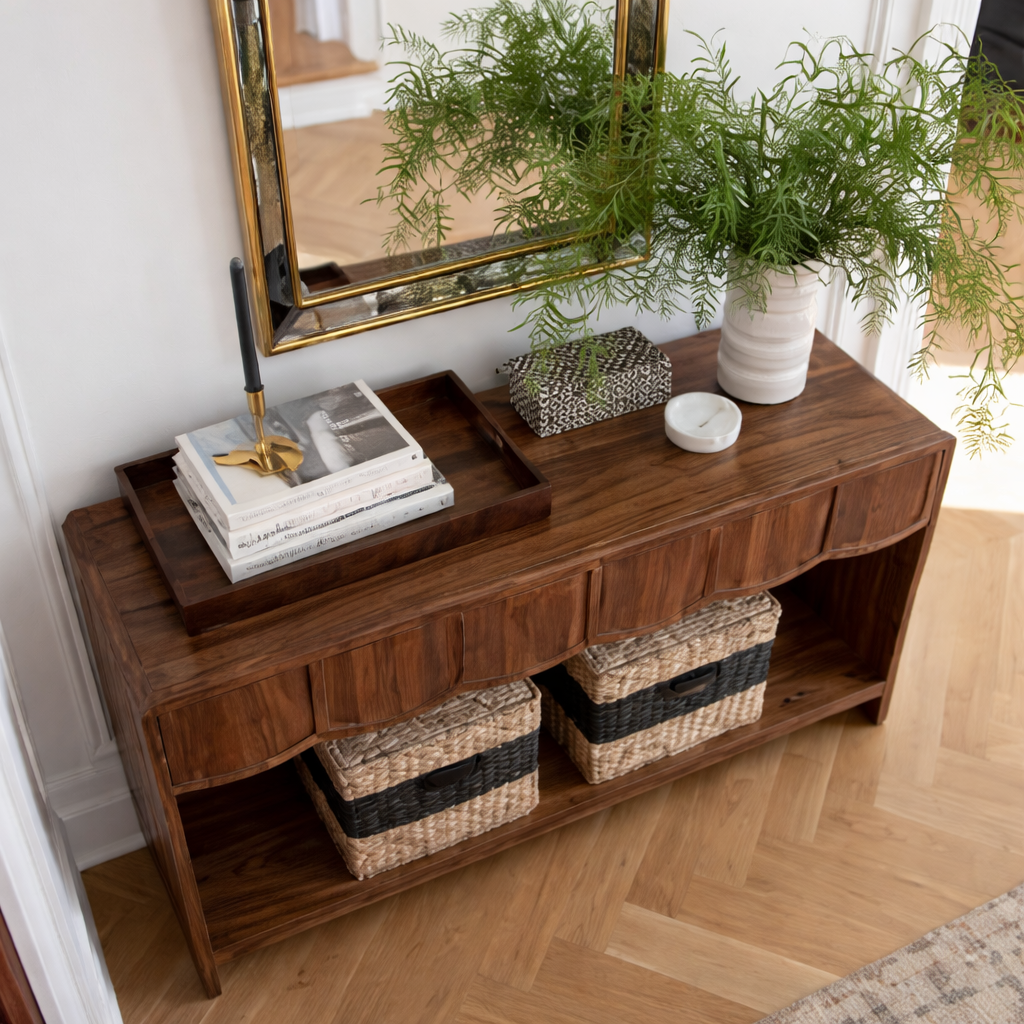 ShanaWood Console Table with Scalloped Drawer Fronts and Bottom Shelf - view 4