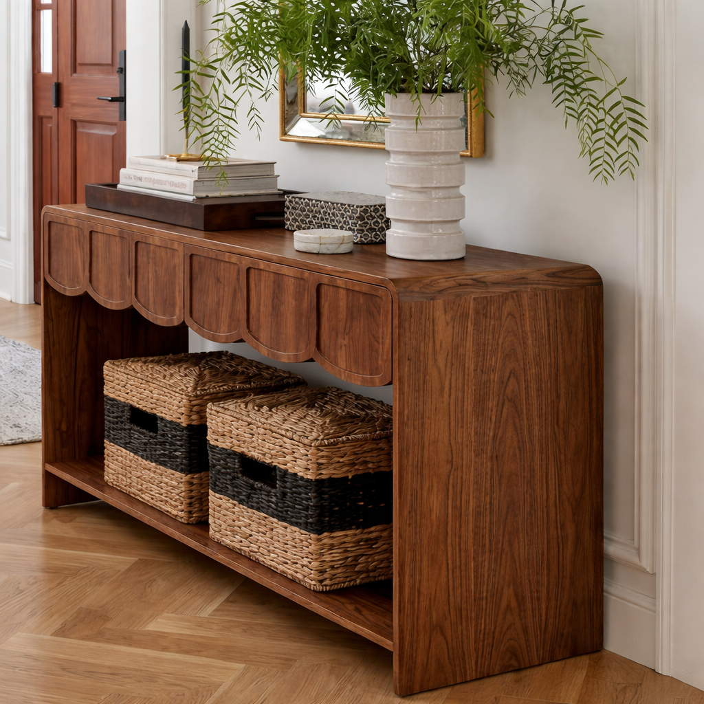 ShanaWood Console Table with Scalloped Drawer Fronts and Bottom Shelf - view 5