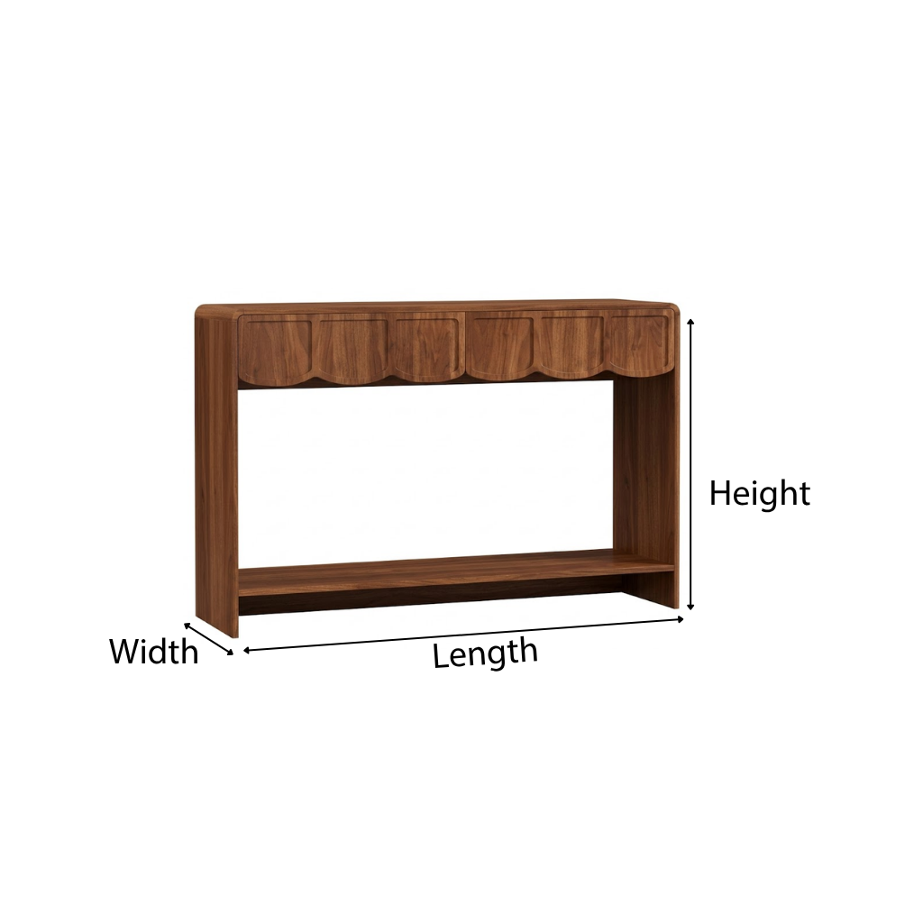 ShanaWood Console Table with Scalloped Drawer Fronts and Bottom Shelf - dimensions
