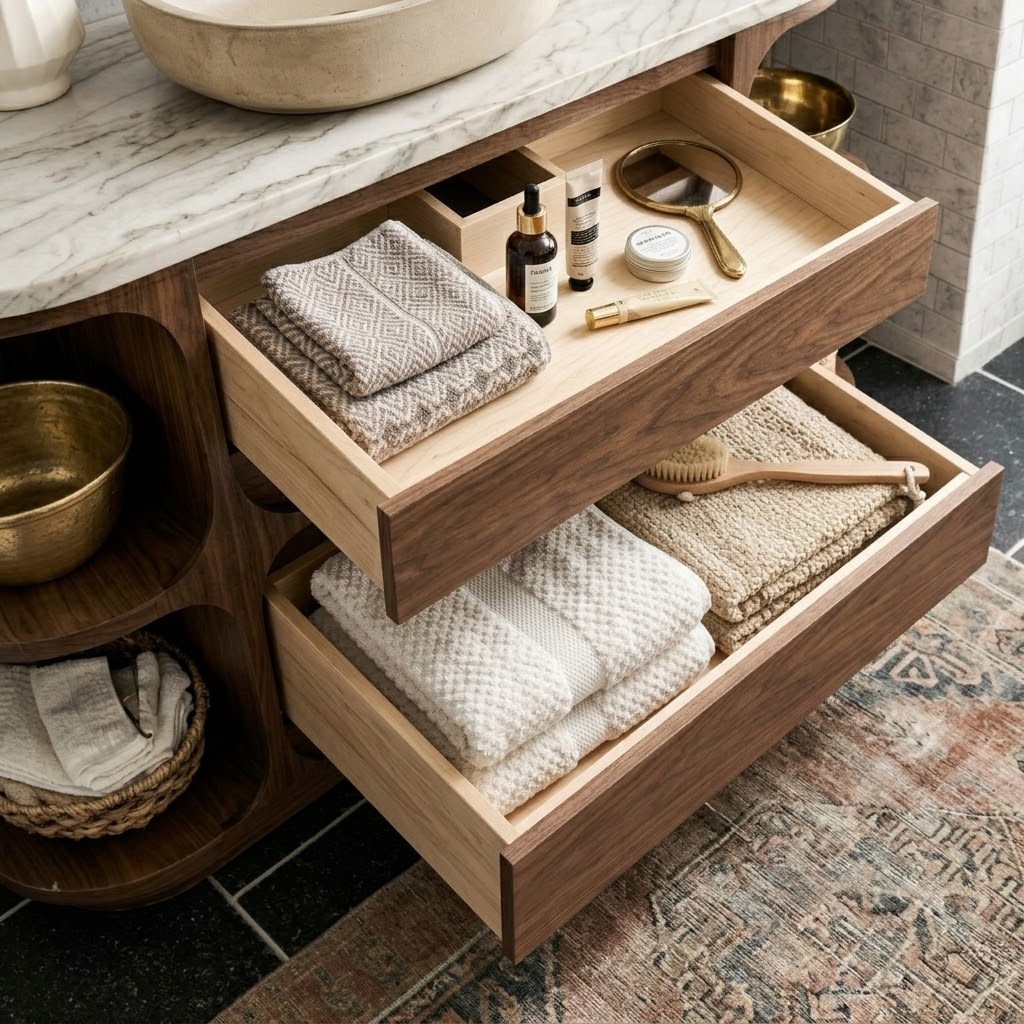 ShanaWood Curved Bathroom Vanity with Marble Top and Side Shelves - view 3