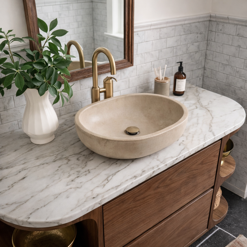ShanaWood Curved Bathroom Vanity with Marble Top and Side Shelves - view 4