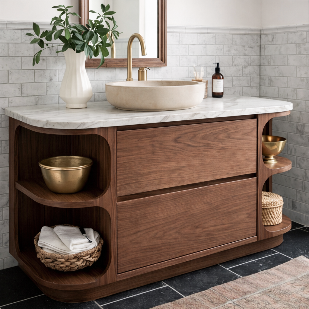 ShanaWood Curved Bathroom Vanity with Marble Top and Side Shelves - view 5