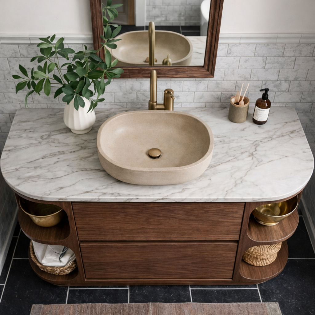 ShanaWood Curved Bathroom Vanity with Marble Top and Side Shelves - view 6