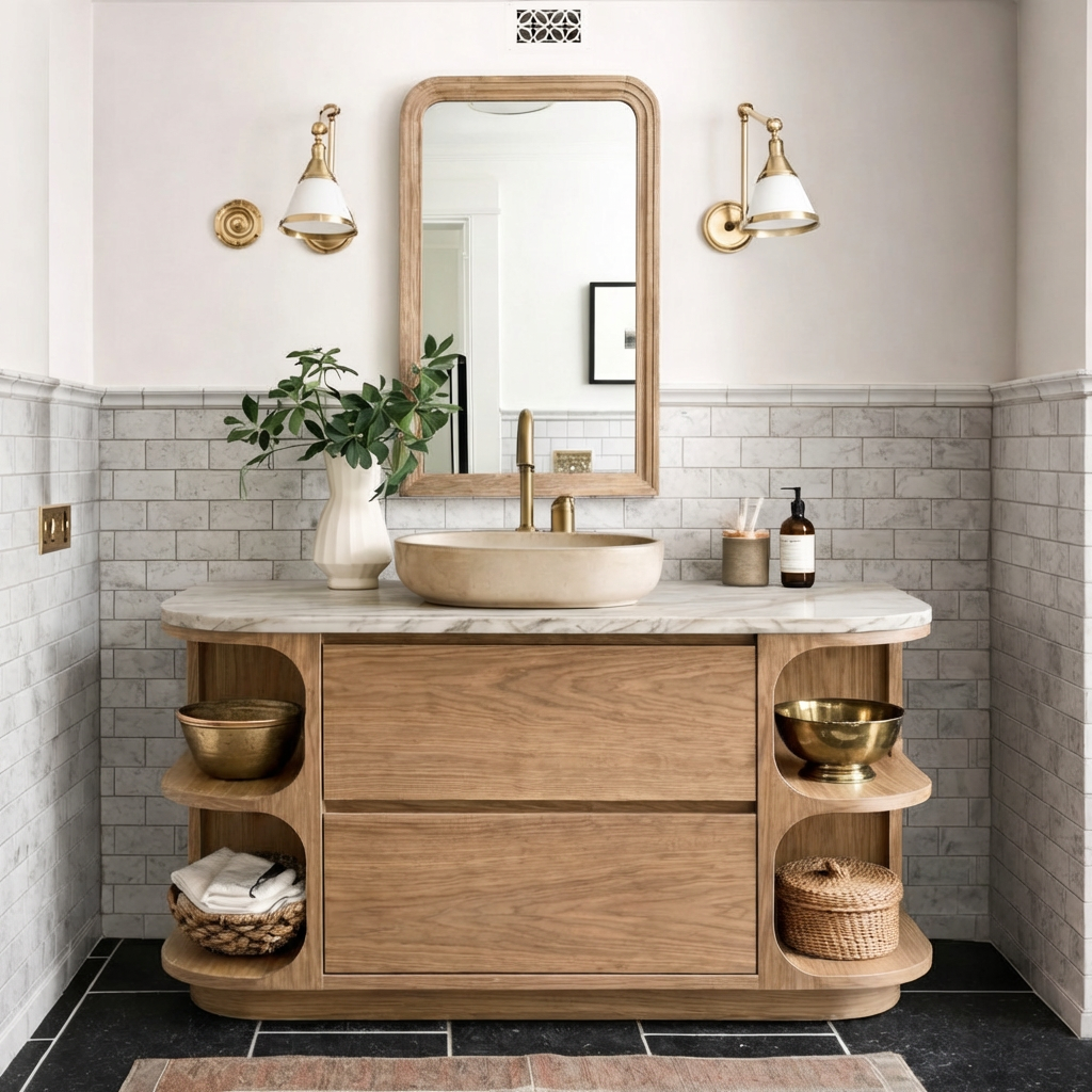 ShanaWood Curved Bathroom Vanity with Marble Top and Side Shelves - view 7