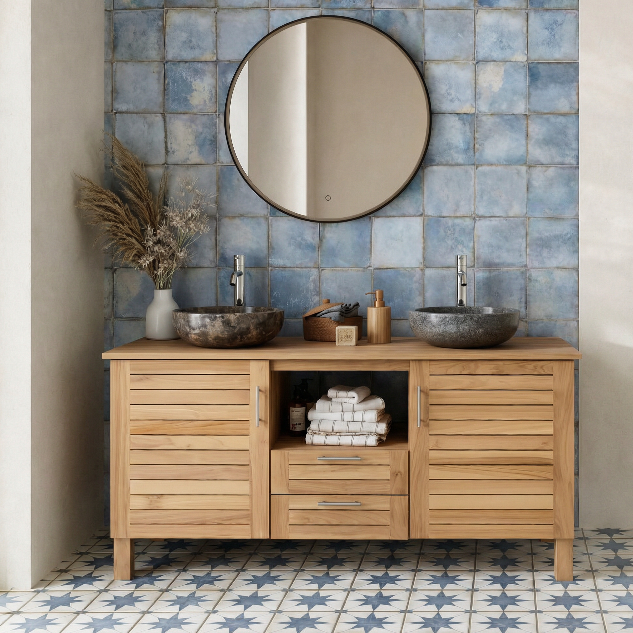 ShanaWood Double Sink Vanity with Slatted Doors and Wood Top - view 1