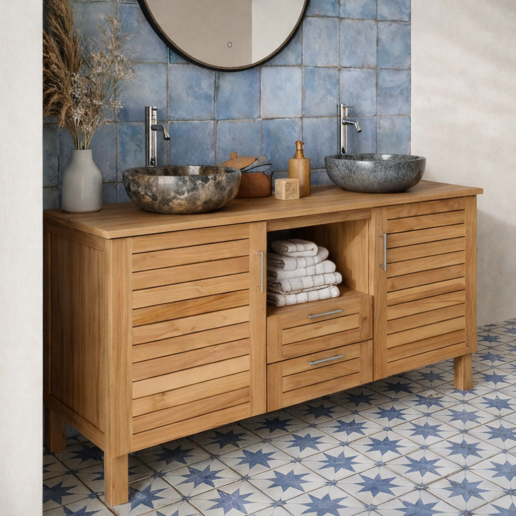 ShanaWood Double Sink Vanity with Slatted Doors and Wood Top - view 4