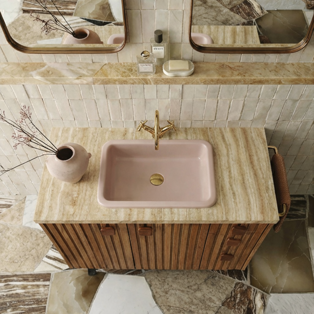 ShanaWood Fluted Bathroom Vanity with Travertine Top and Cabinet Storage - view 2