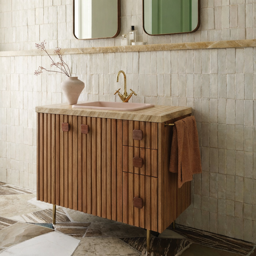 ShanaWood Fluted Bathroom Vanity with Travertine Top and Cabinet Storage - view 4