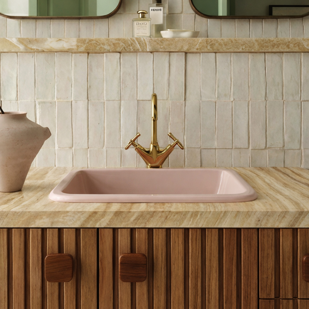 ShanaWood Fluted Bathroom Vanity with Travertine Top and Cabinet Storage - view 5