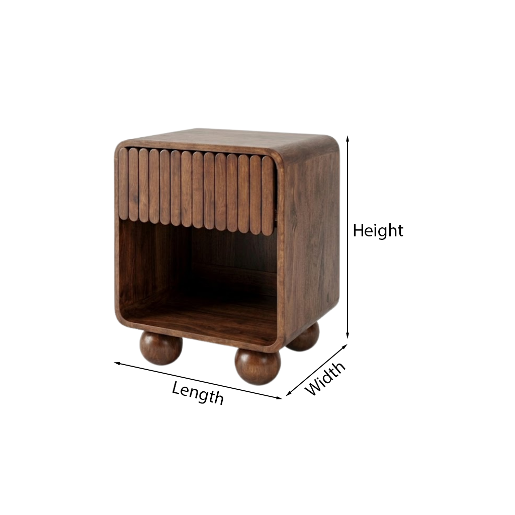 ShanaWood Fluted Nightstand with Open Shelf and Ball Feet - dimensions