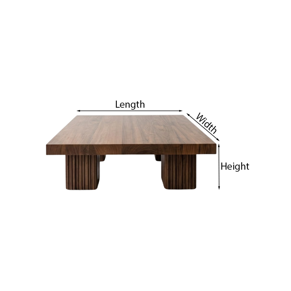 ShanaWood Square Coffee Table with Fluted Pedestal Base - dimensions