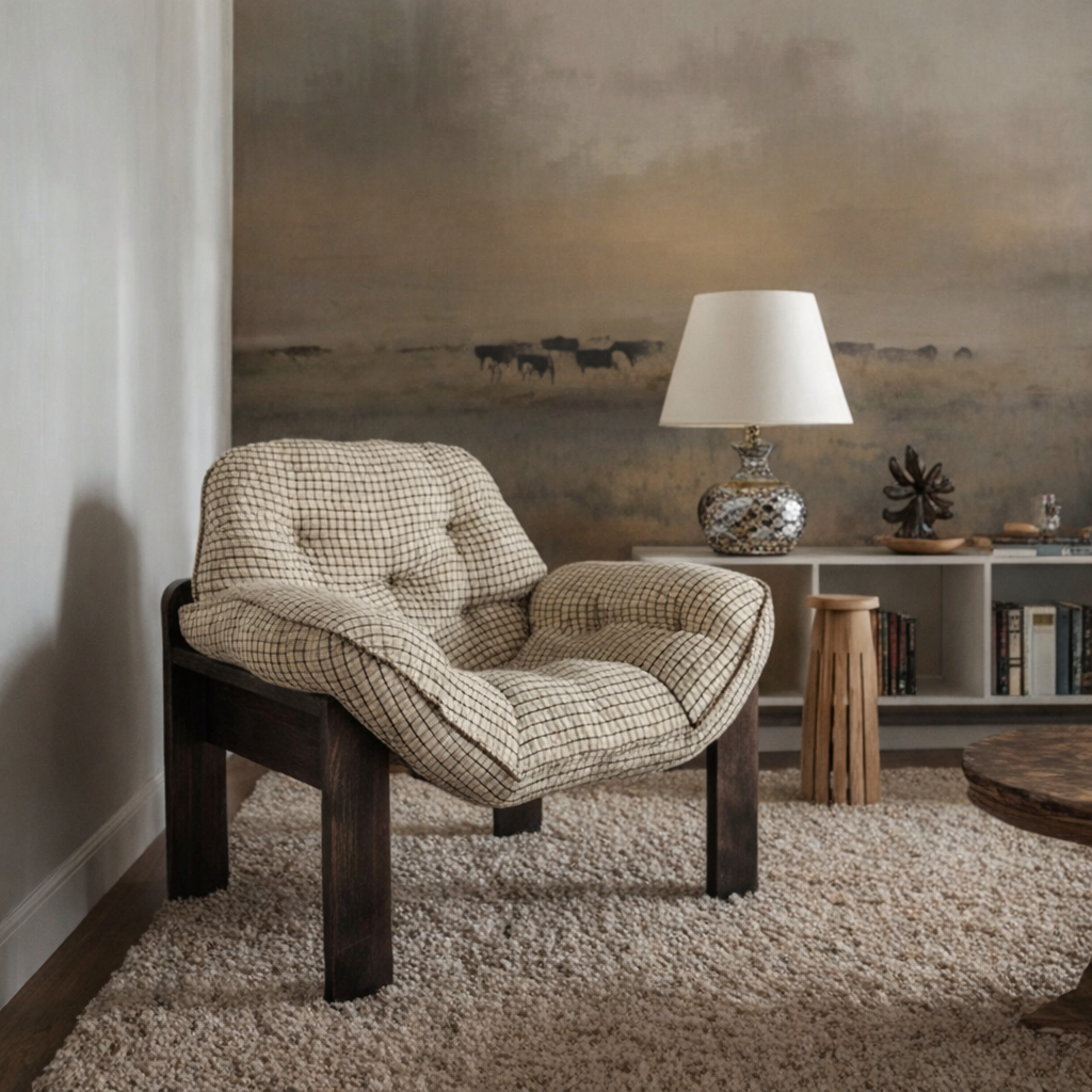 ShanaWood Tufted Plaid Accent Chair with Wood Frame - view 1